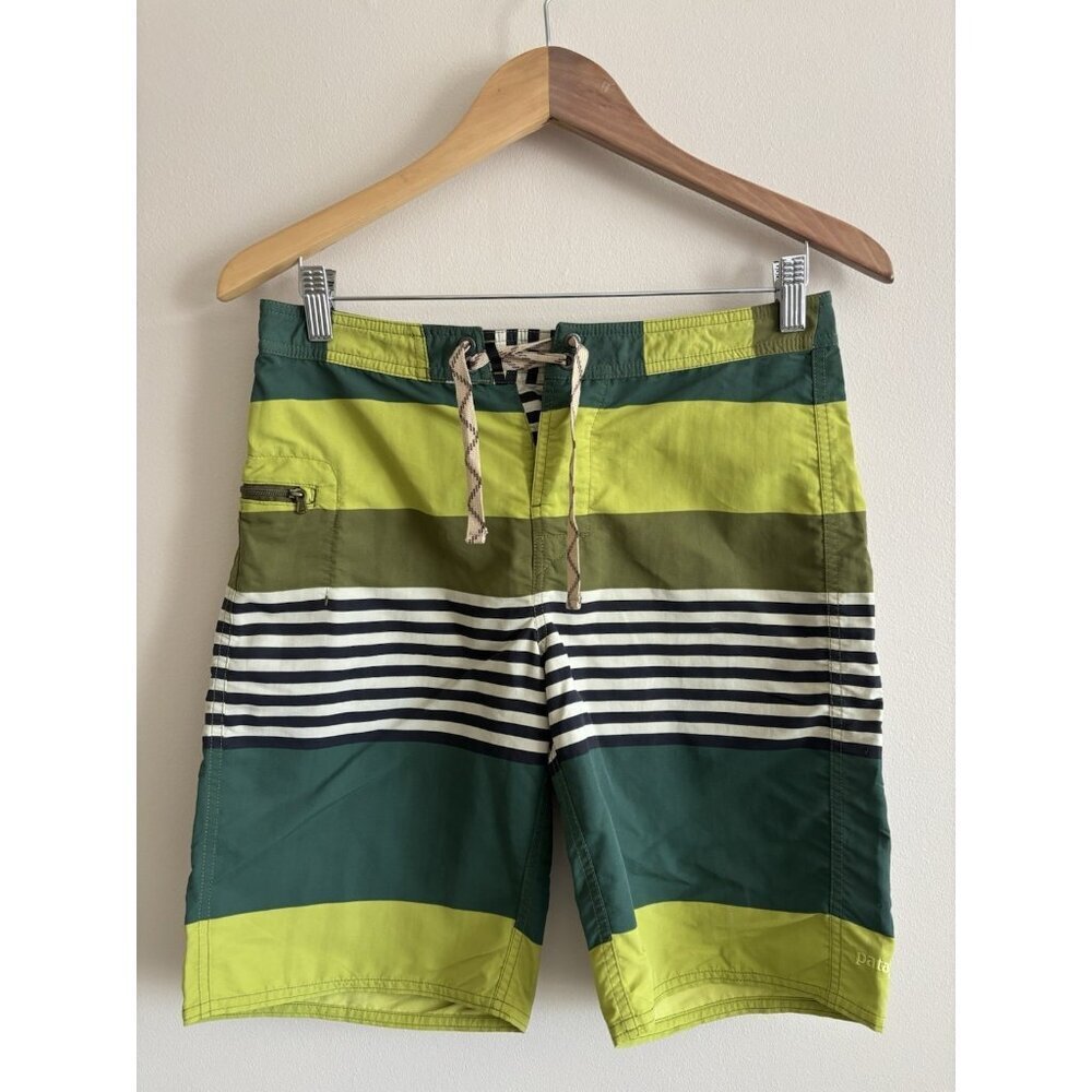 Boy's PATAGONIA Swim‎ Board Shorts-Green Stripes Size 16 Beach Outdoor